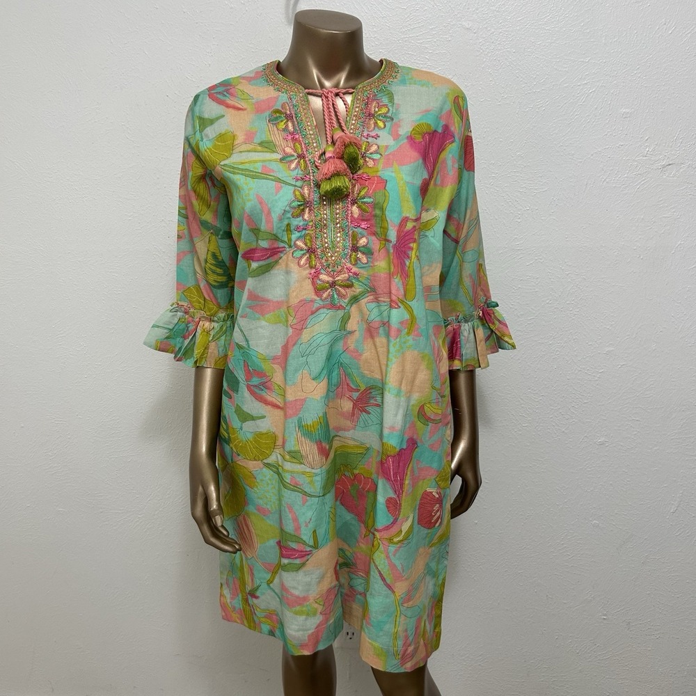 Bella Tu Vibrant Green Colorful Floral Shift Dress Embroidered Boho Resort Sz L